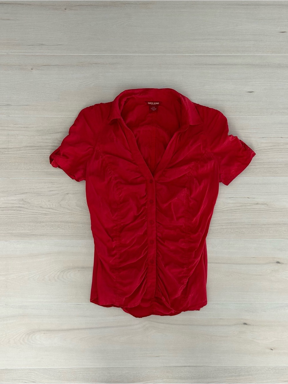 red guess ruched button up blouse
